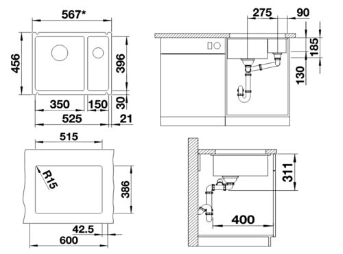 Кухонная мойка Blanco Subline 350/150-U керамика PuraPlus магнолия, с отв. арм. InFino, 523742